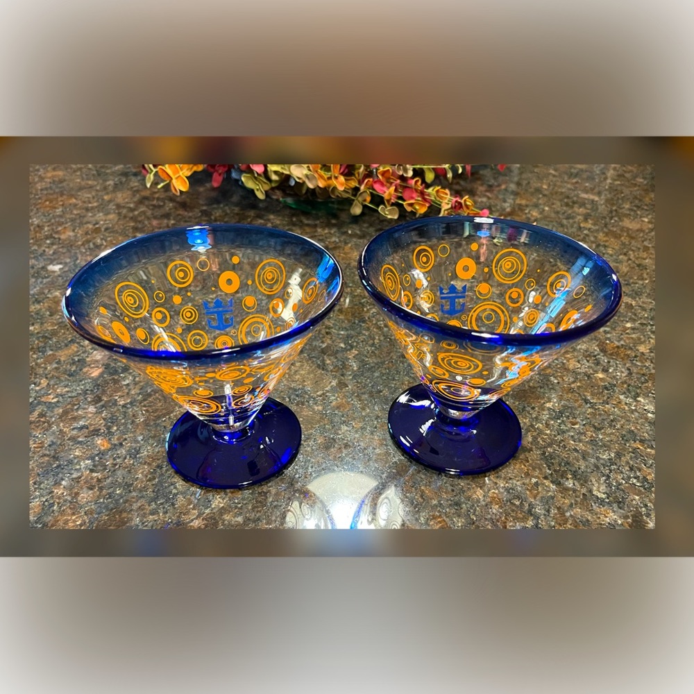 Costa Boda-Pair of Orange Royal Caribbean Hand Blown Martini/Margarita Glasses